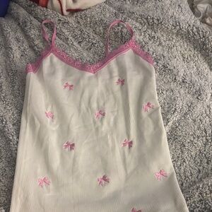 PINK Victoria's Secret White Ribbed Tank with Pink Bow Embroidery